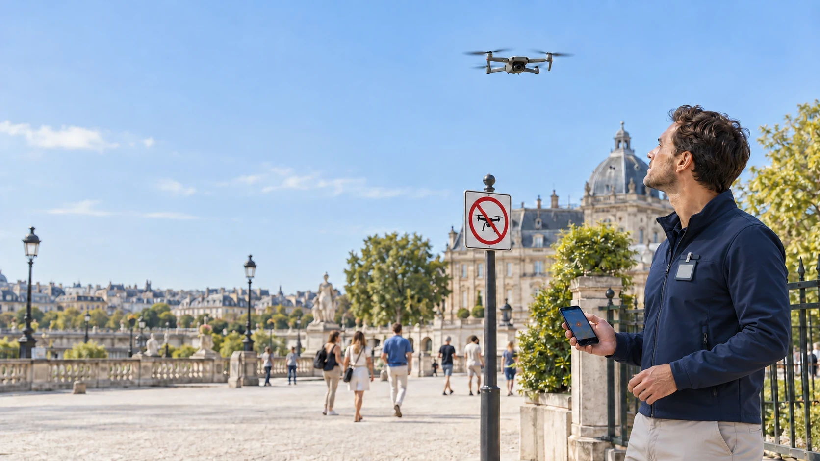 Responsable de site observant un drone en vol à proximité d’un panneau d’interdiction, avec l’outil Sky Control en main.