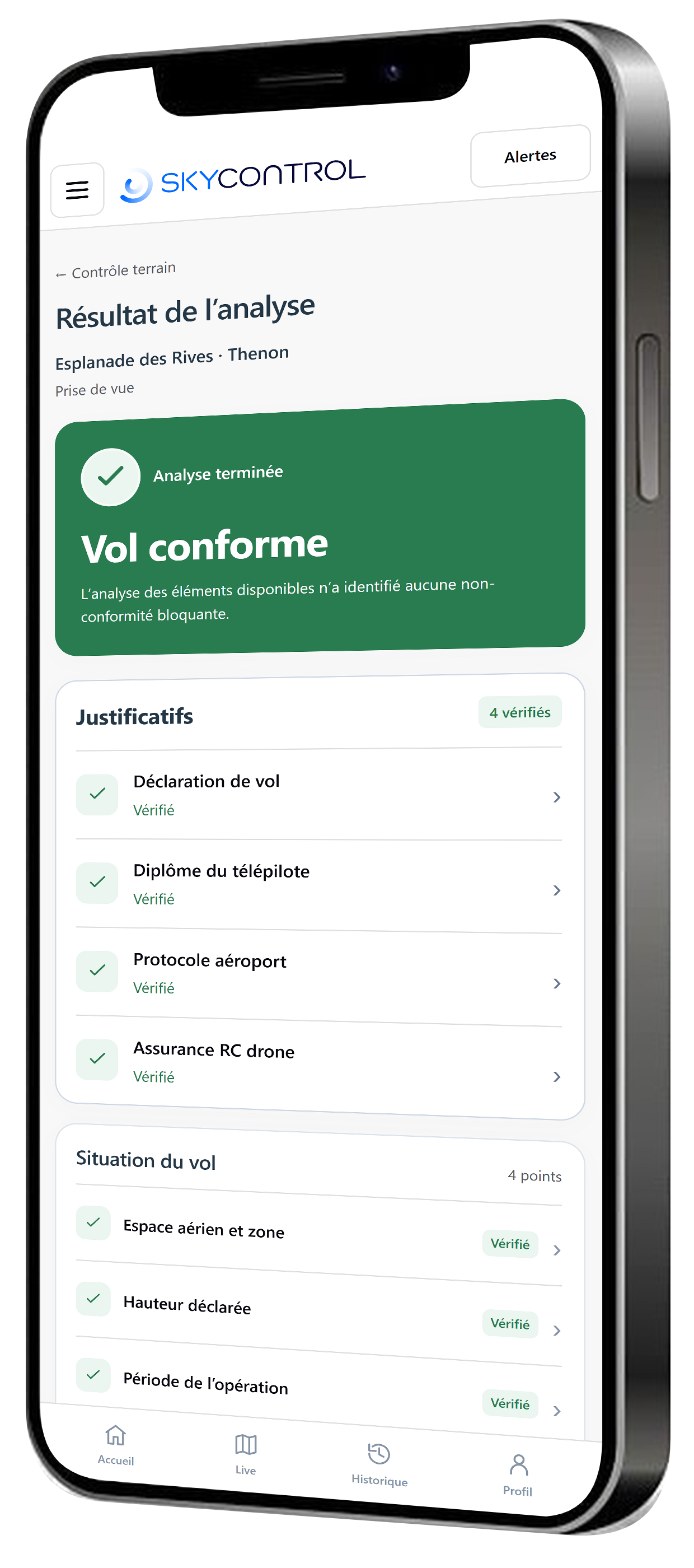 Sky Control — Contrôle terrain : résultat de l’analyse, Vol conforme