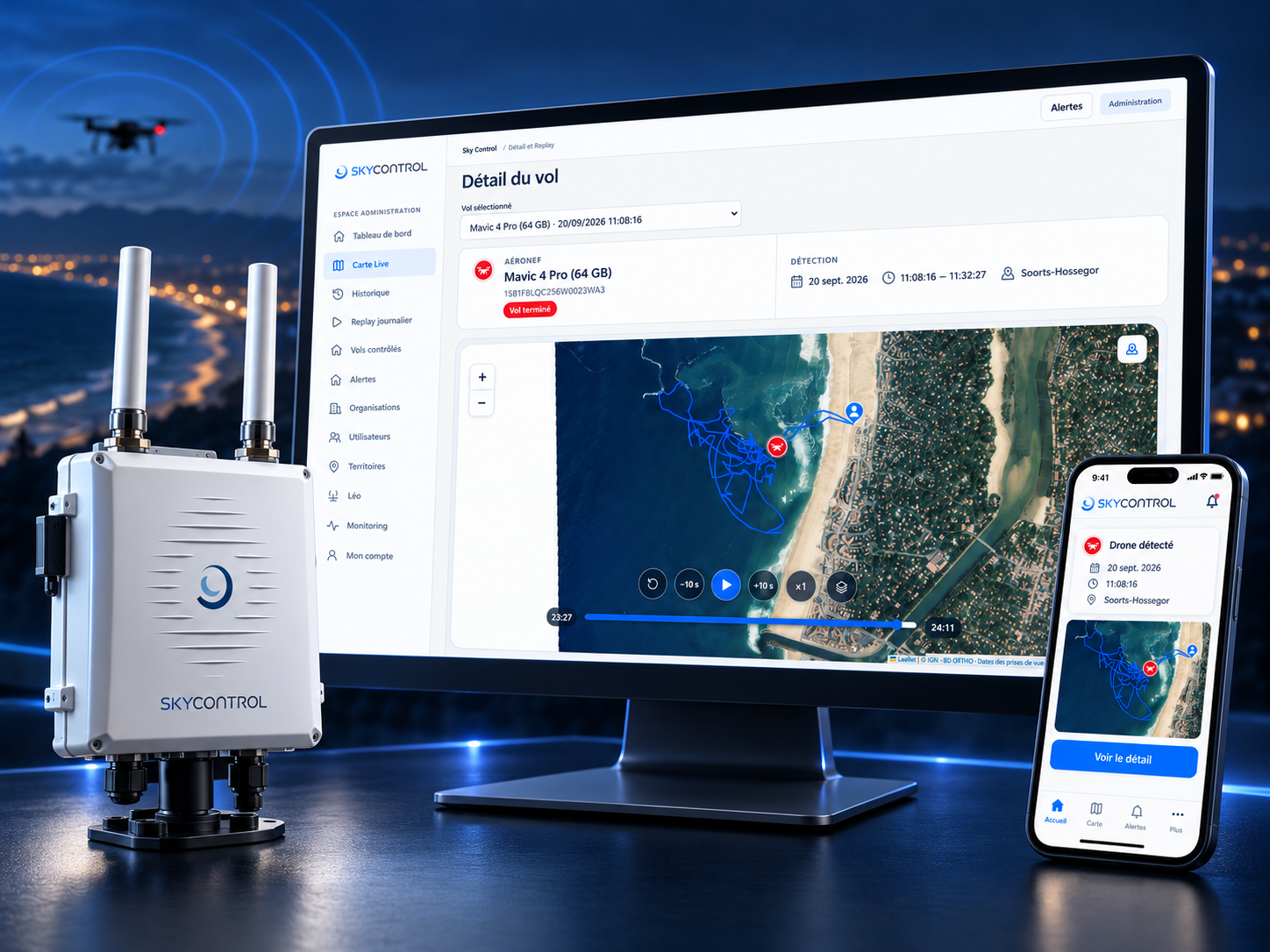 Sky Control — supervision sur écran, système de détection et consultation mobile : carte satellite et trajectoire du Mavic 4 Pro