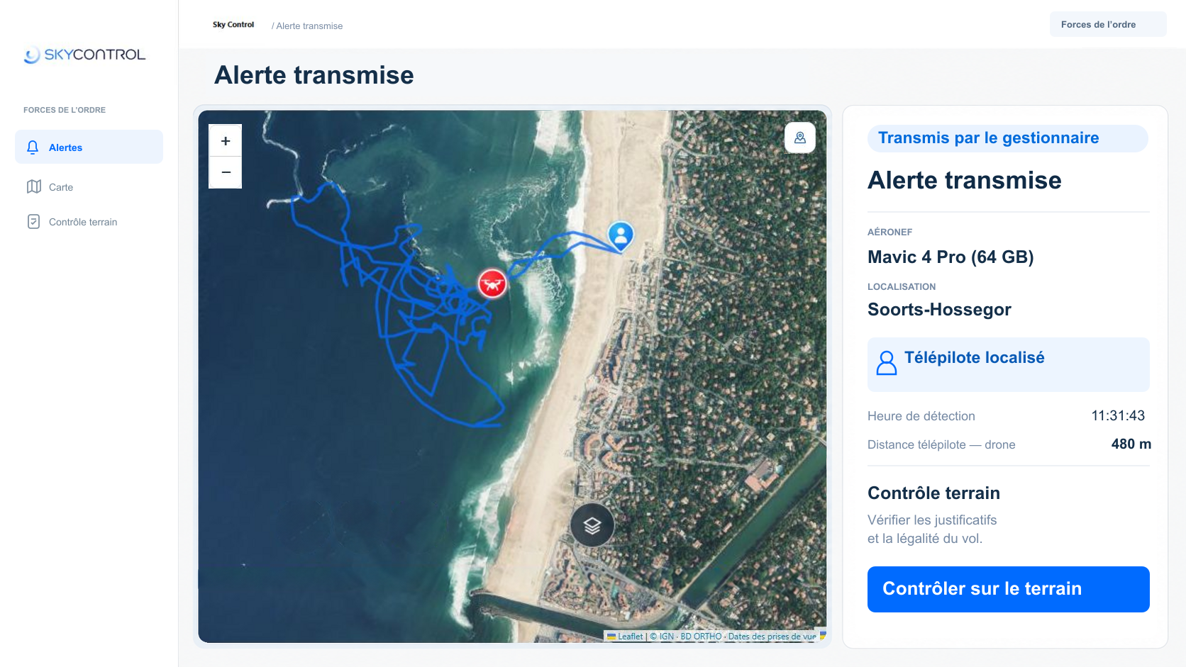 Sky Control — Forces de l’ordre : alerte transmise par le gestionnaire, Mavic 4 Pro, télépilote localisé et accès au contrôle terrain.