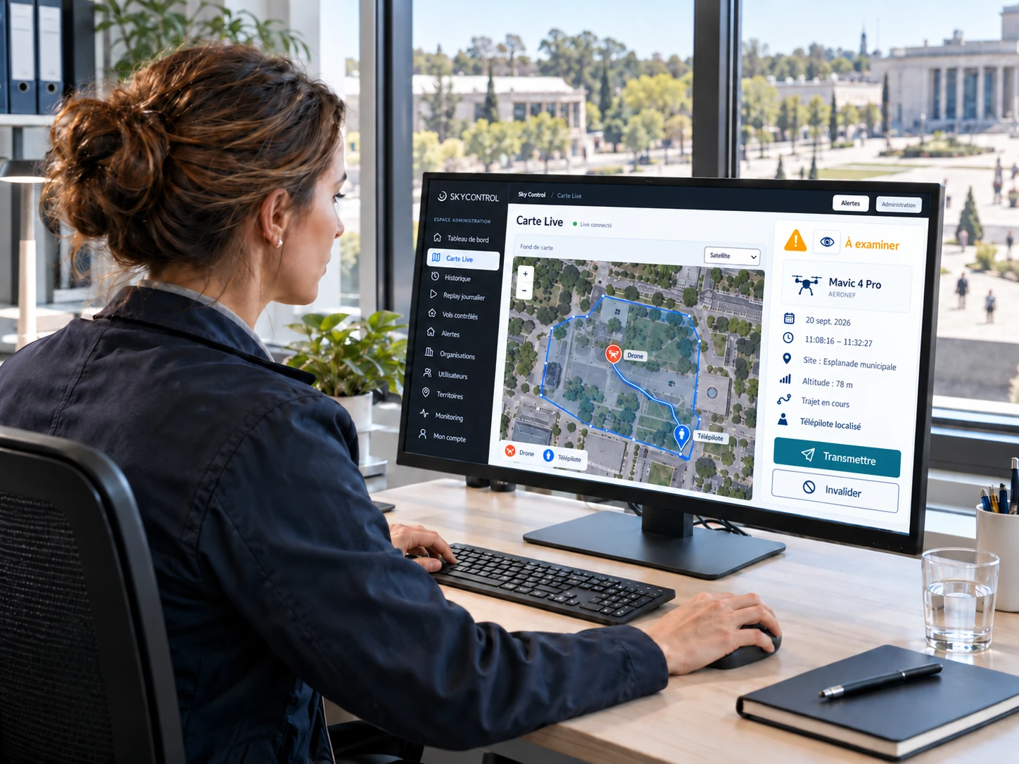 Responsable de site examinant dans Sky Control une alerte drone avec localisation du drone et du télépilote.
