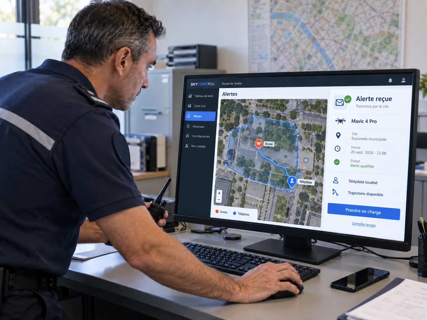 Agent des forces de l’ordre consultant dans Sky Control une alerte drone transmise par un site, avec localisation du drone et du télépilote.