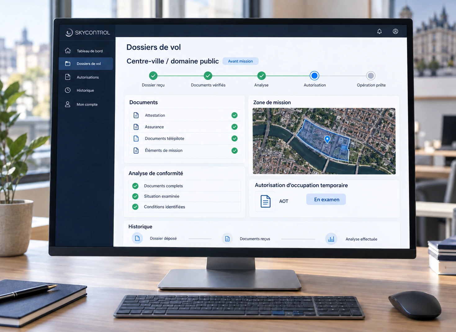 Interface Sky Control pour la gestion des dossiers de vol et la conformité avant mission