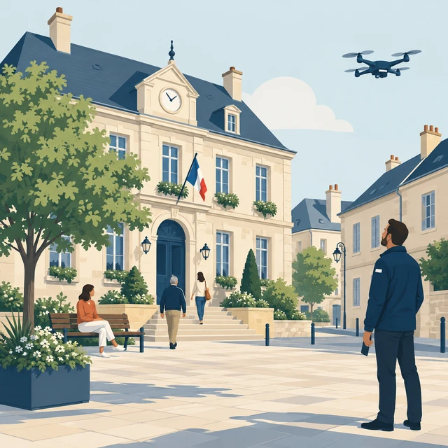 Illustration d’une commune avec mairie, agent municipal et drone