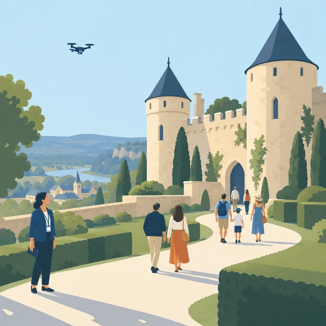 Illustration d’un site touristique avec château, visiteurs et drone