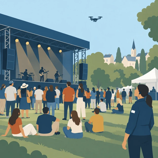 Illustration d’un événement en plein air avec scène, public et drone