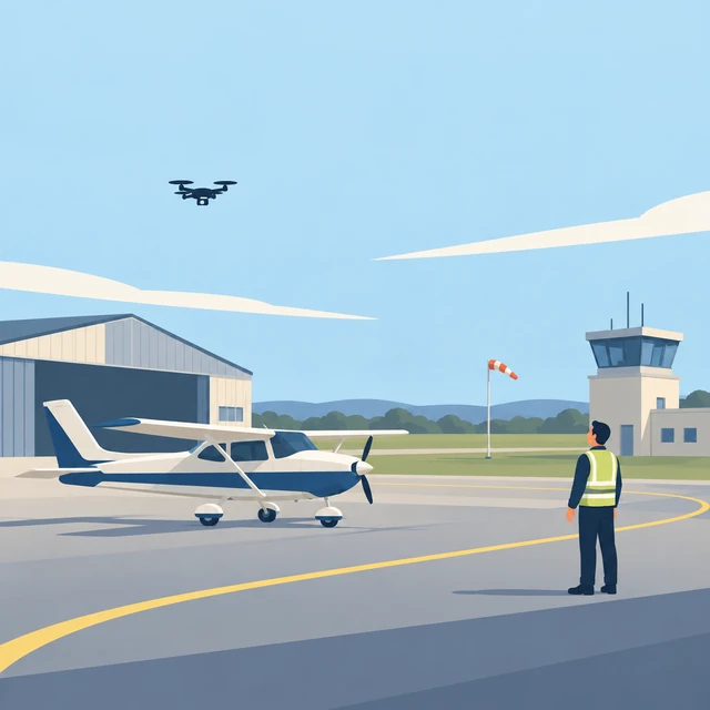 Illustration d’une plateforme aéronautique avec avion, agent et drone
