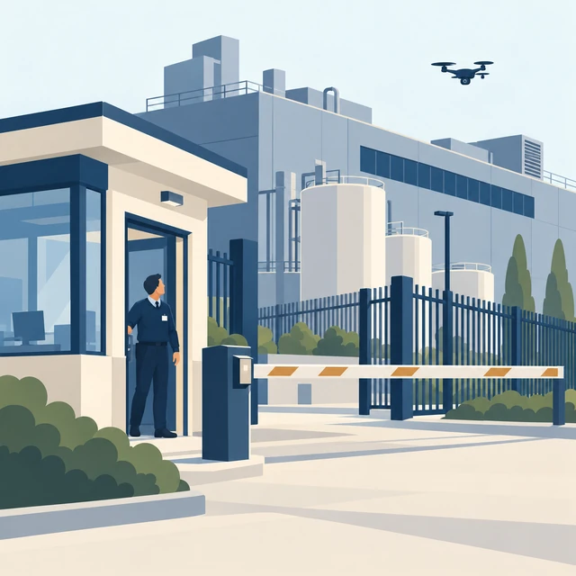 Illustration d’un site sensible avec contrôle d’accès, agent et drone