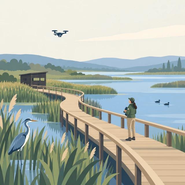 Illustration d’une réserve naturelle avec agente, faune et drone